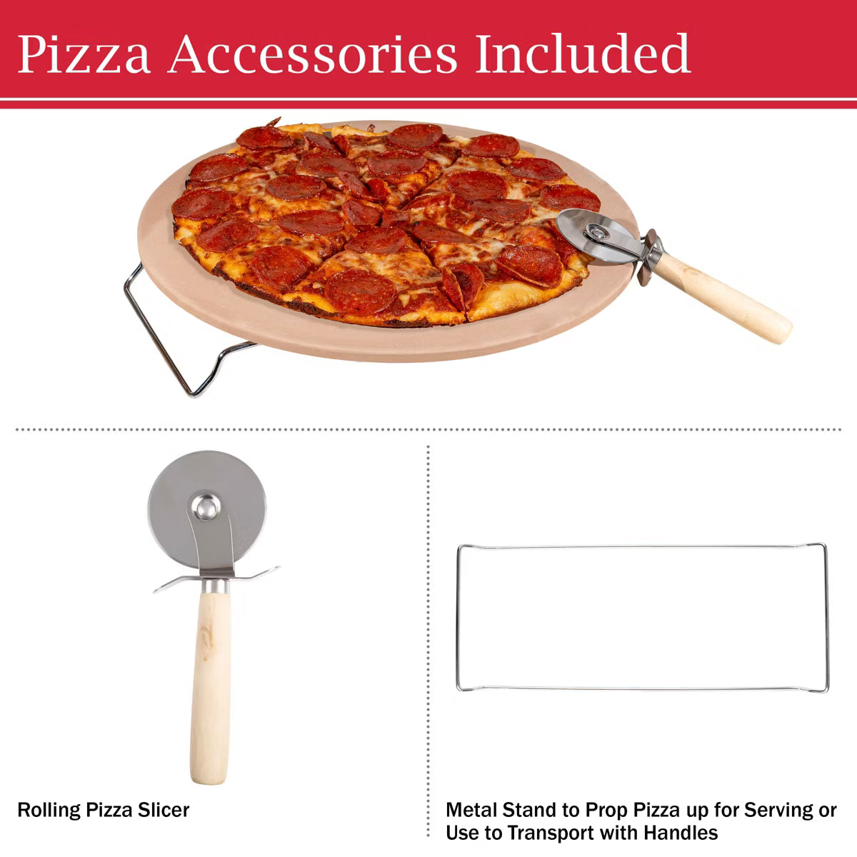 Pizza Stone – Pizza Stone with Cutter and Rack – Beige