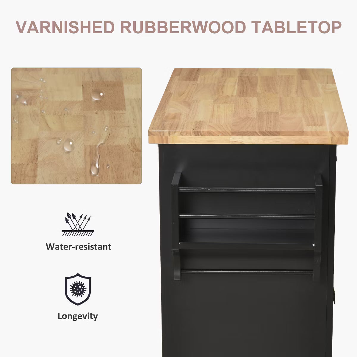 Kitchen Island on Wheels, Rolling Cart with Rubber Wood Top