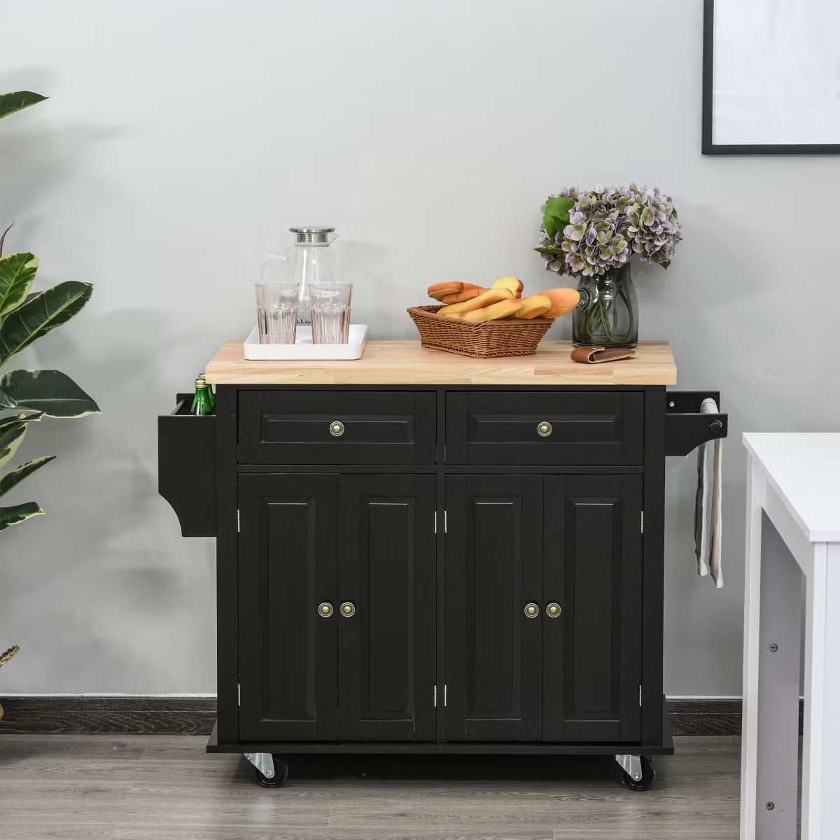 Kitchen Island on Wheels, Rolling Cart with Rubber Wood Top