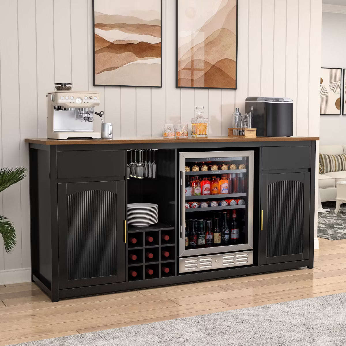 Bar Cabinet – Culinvaro Extra Long Bar Cabinet with Fridge Space, Modern Wine Liquor Cabinet,78.7" Black