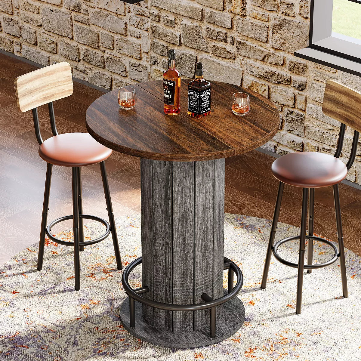 Wood Bistro Pub Table with Metal Ring Footrest for Dining Cocktail Living Room