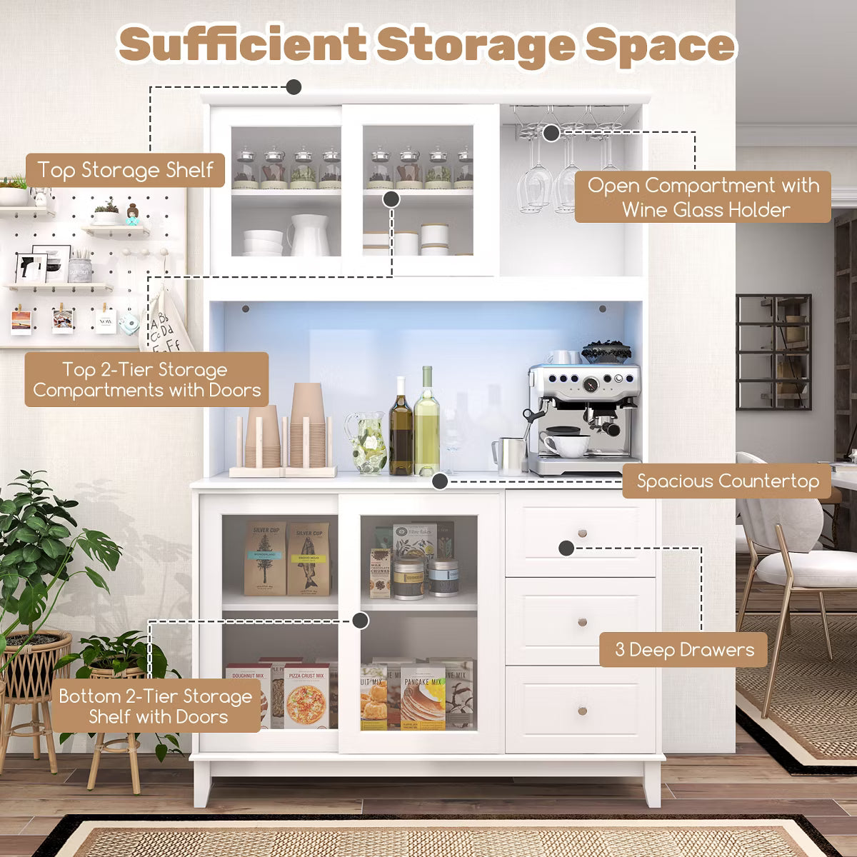 Pantry Cabinet – Culinvaro Kitchen Pantry Storage Cabinet Kitchen Hutch w/ LED lights & Power Outlet White
