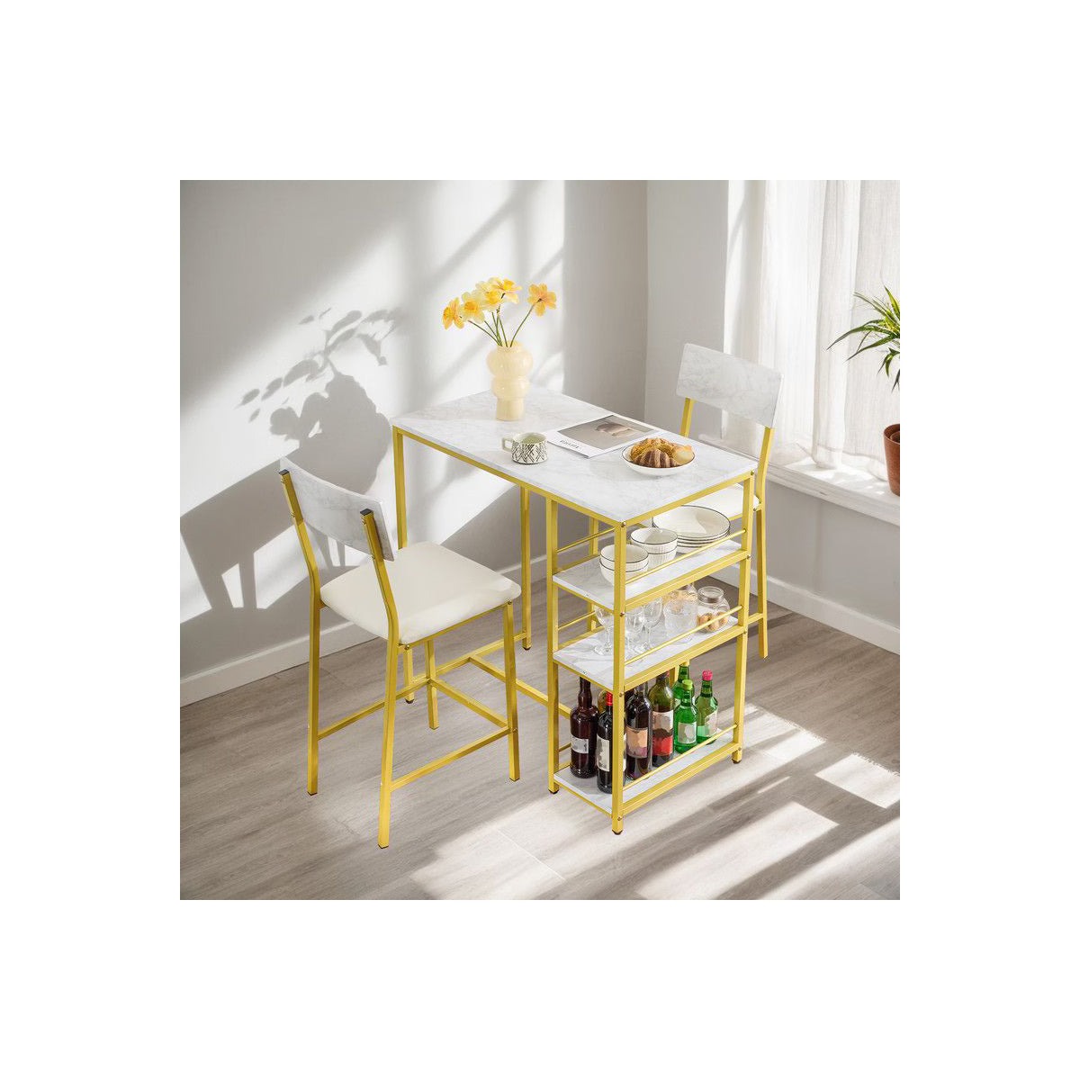Dining Set – Culinvaro Dining Table Set with 2 Stools, 3-Tier Storage Shelves