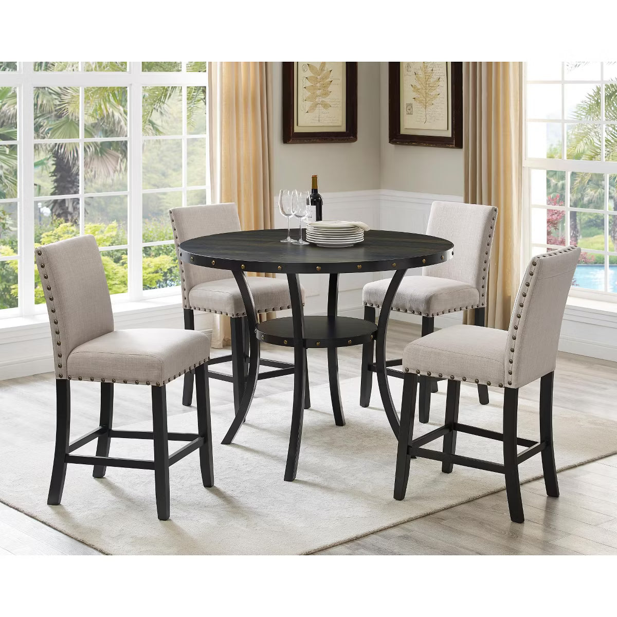 Dining Set – Culinvaro 5 Piece Counter Height Dining Set with Round Table and 4 Nailhead Stools