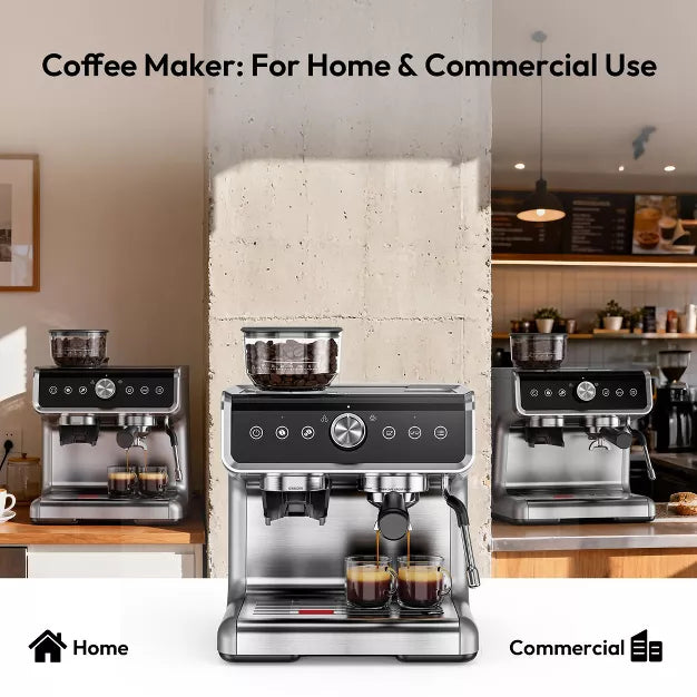 Espresso Machine – 15 Bar Coffee Maker with Milk Frother Steamer Wand – Silver