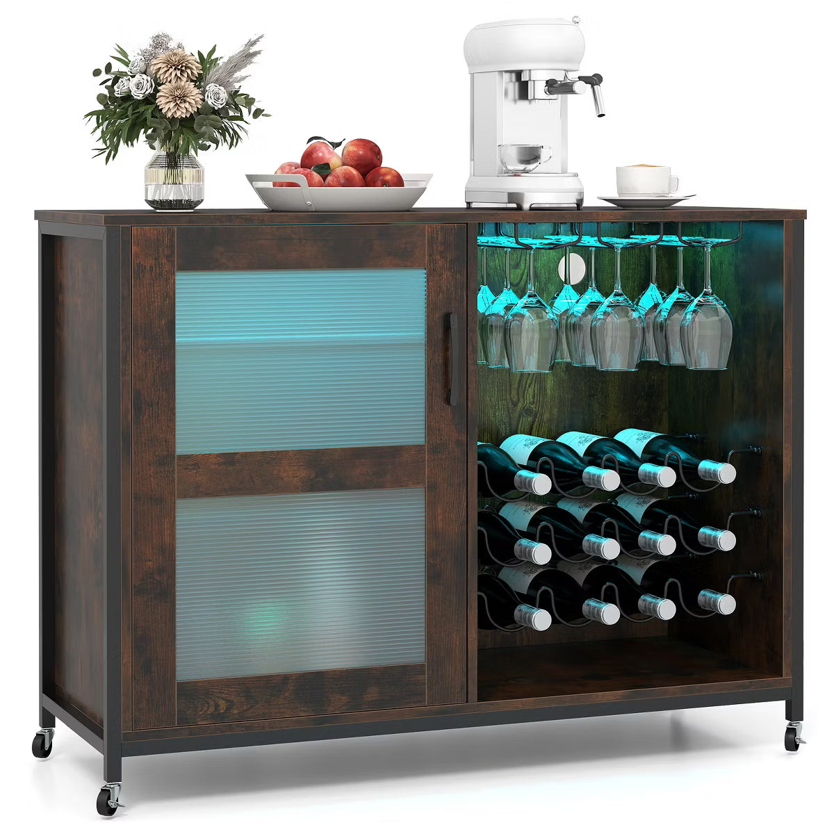 Bar Cabinet – Culinvaro Bar Cabinet w/ Wheels LED Lights Storage Shelves Glass Holders Drinks Racks