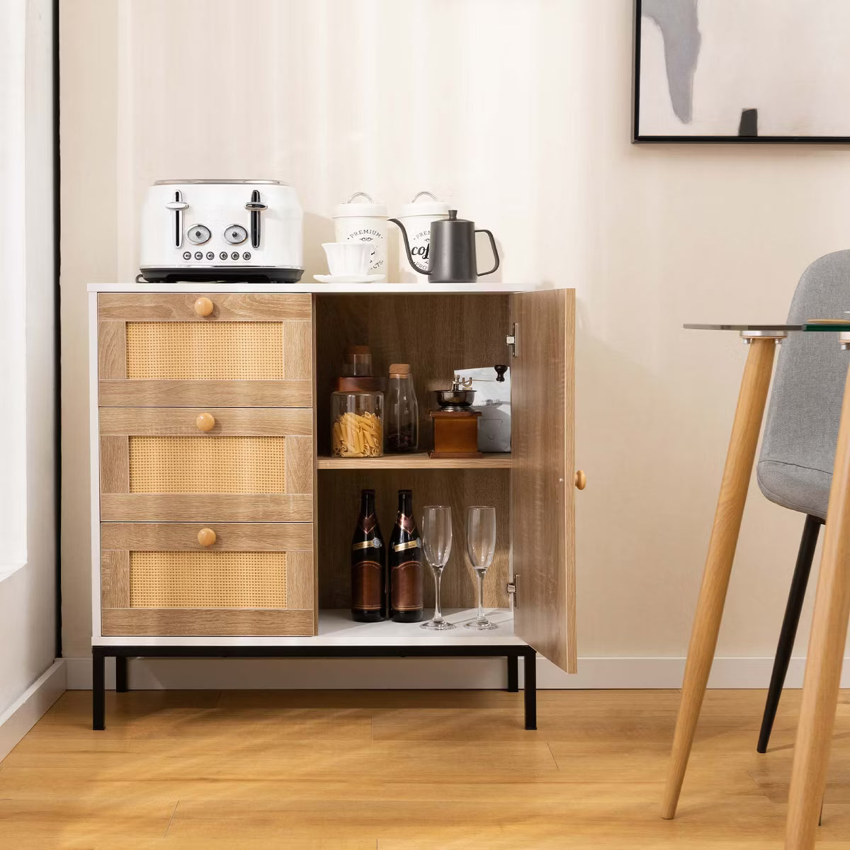 Buffet Cabinet – Culinvaro Rattan Buffet Sideboard with 3 Drawers & 1 Door Sturdy Metal Legs Storage Cabinet