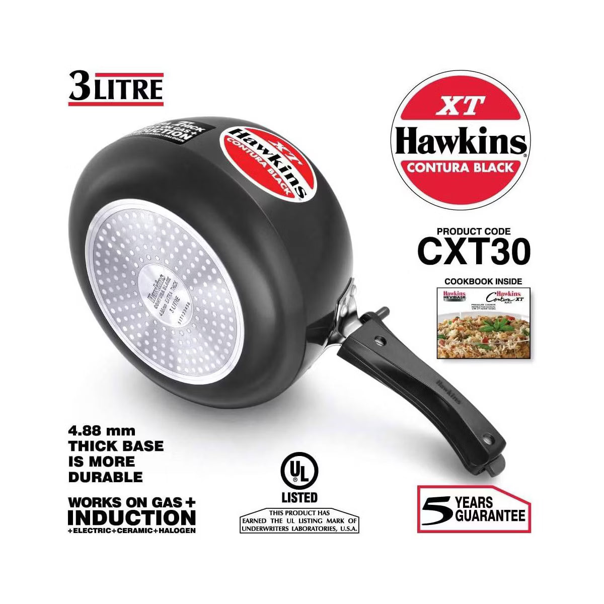 Pressure Cooker – 3L Contura Hard Anodized Induction Compatible Extra Thick Base – Black