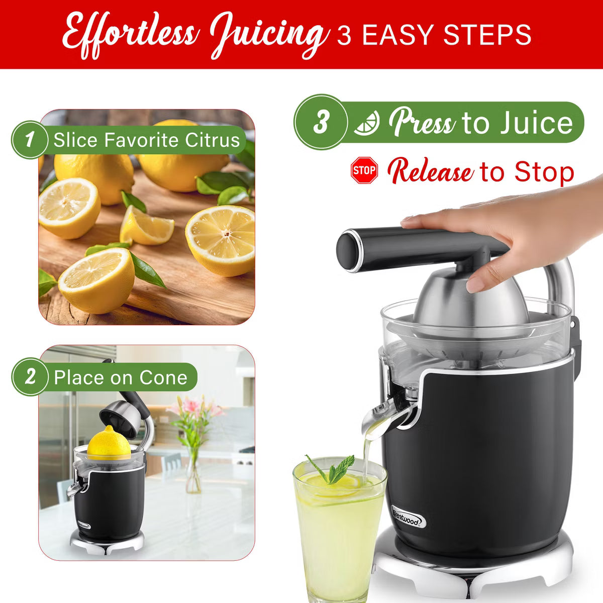 Juicer – 200-Watt 1-Speed Electric Citrus Juicer with 2 Cones and Lever – Black