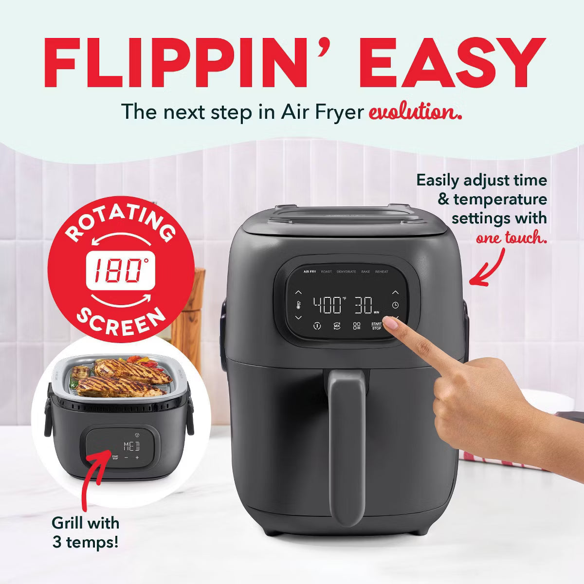 Air Fryer – 7qt Flip and Fry Digital 2-in-1 Grill + Air Fryer – Gray