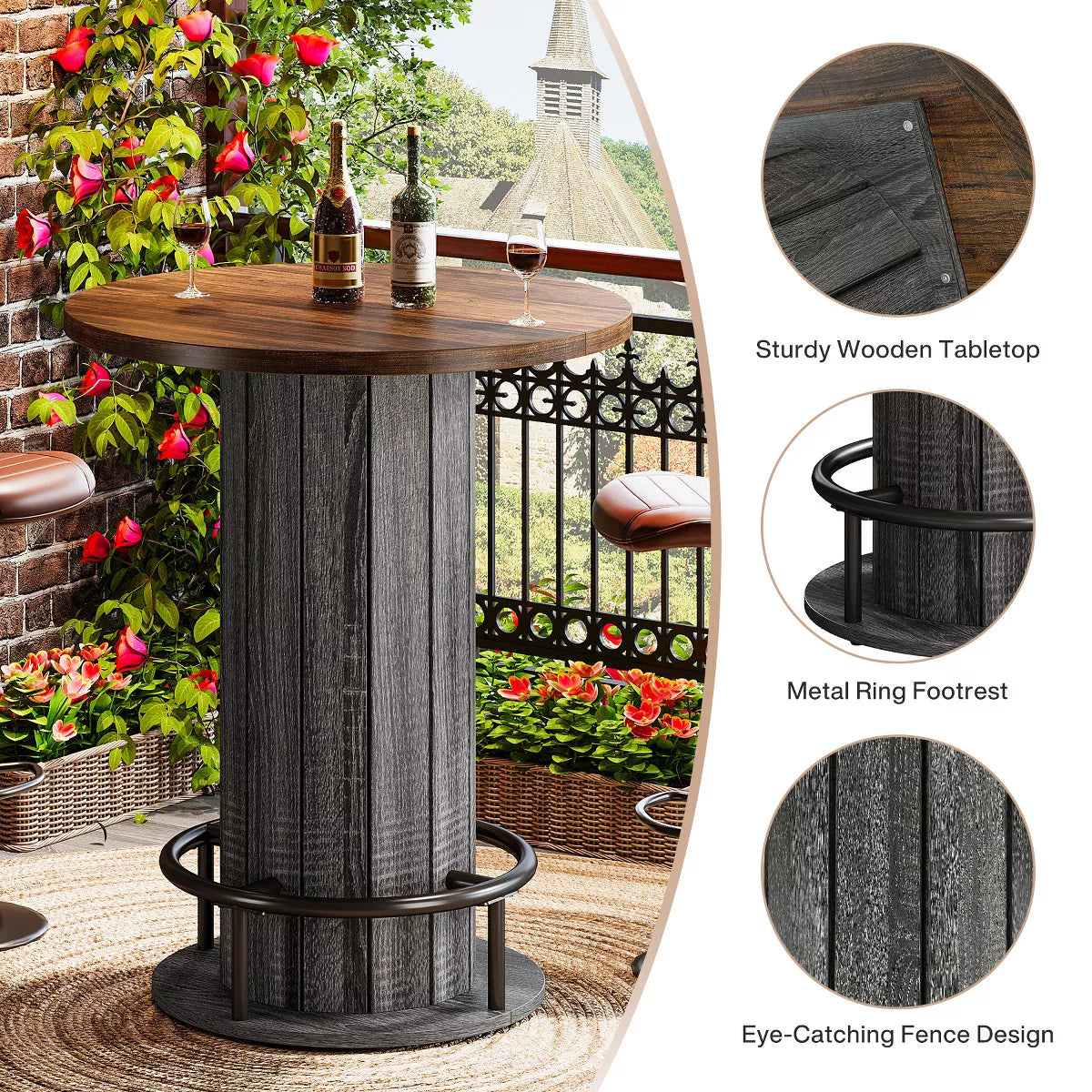 Wood Bistro Pub Table with Metal Ring Footrest for Dining Cocktail Living Room