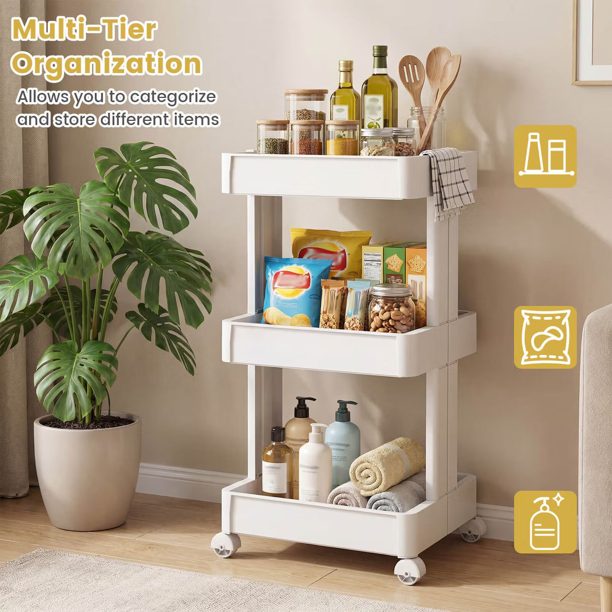 Utility Cart – Culinvaro 4-Tier Rolling Utility Cart with Detachable Trays and Smooth Wheels for Kitchen 15.5” × 9” × 40.5”(L × W × H)
