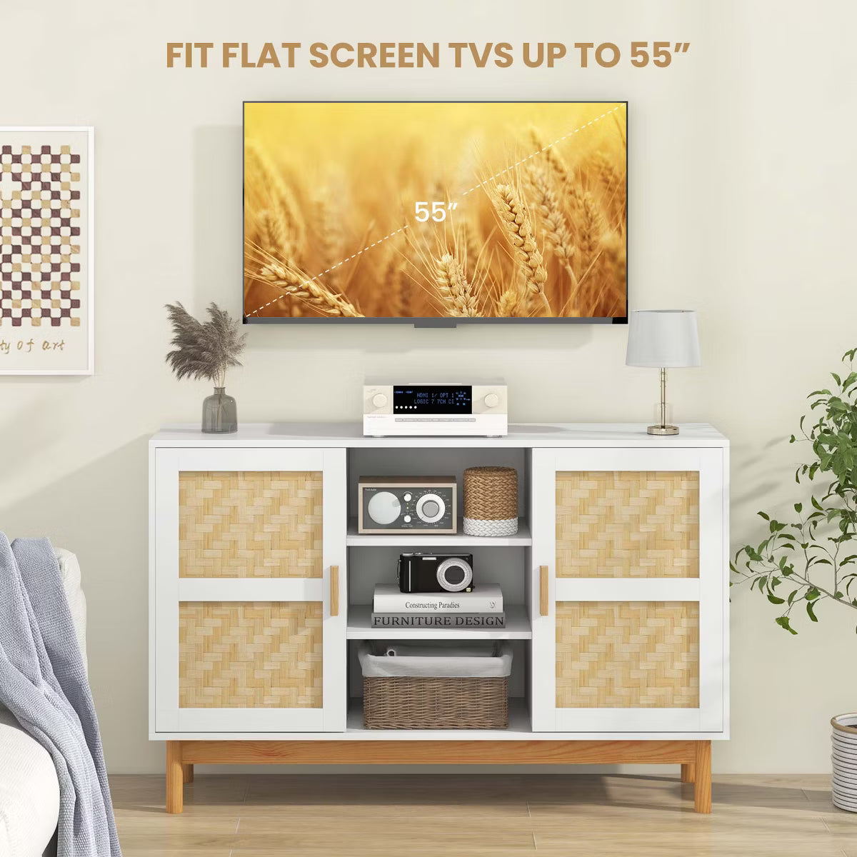 Buffet Cabinet – Culinvaro 48" Sideboard Buffet Cabinet with 2 Bamboo Woven Doors 3 Open Shelves for Kitchen White