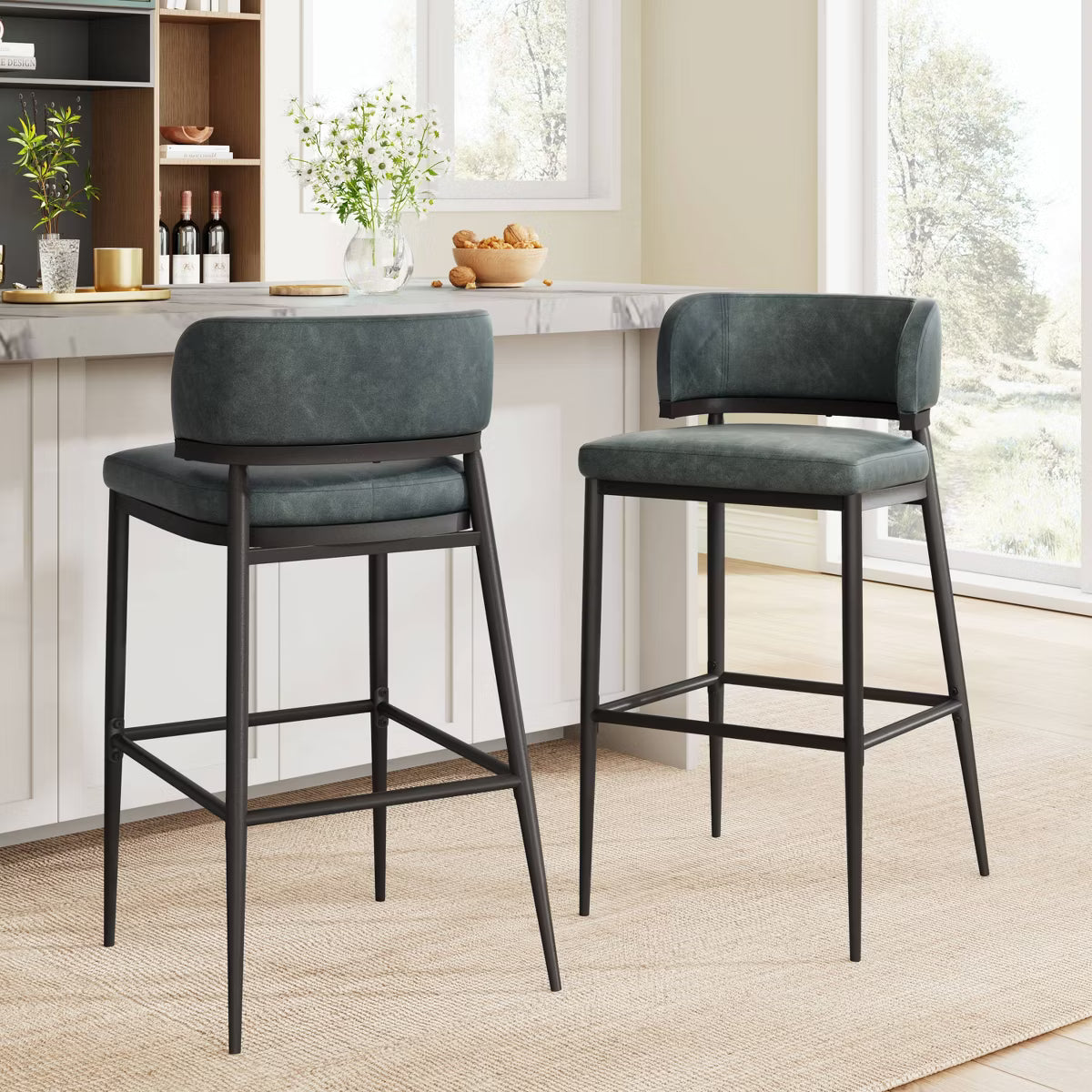 Set of 2 Arya Industrial Metal and Leather Aire Counter Height Barstools Dark Green