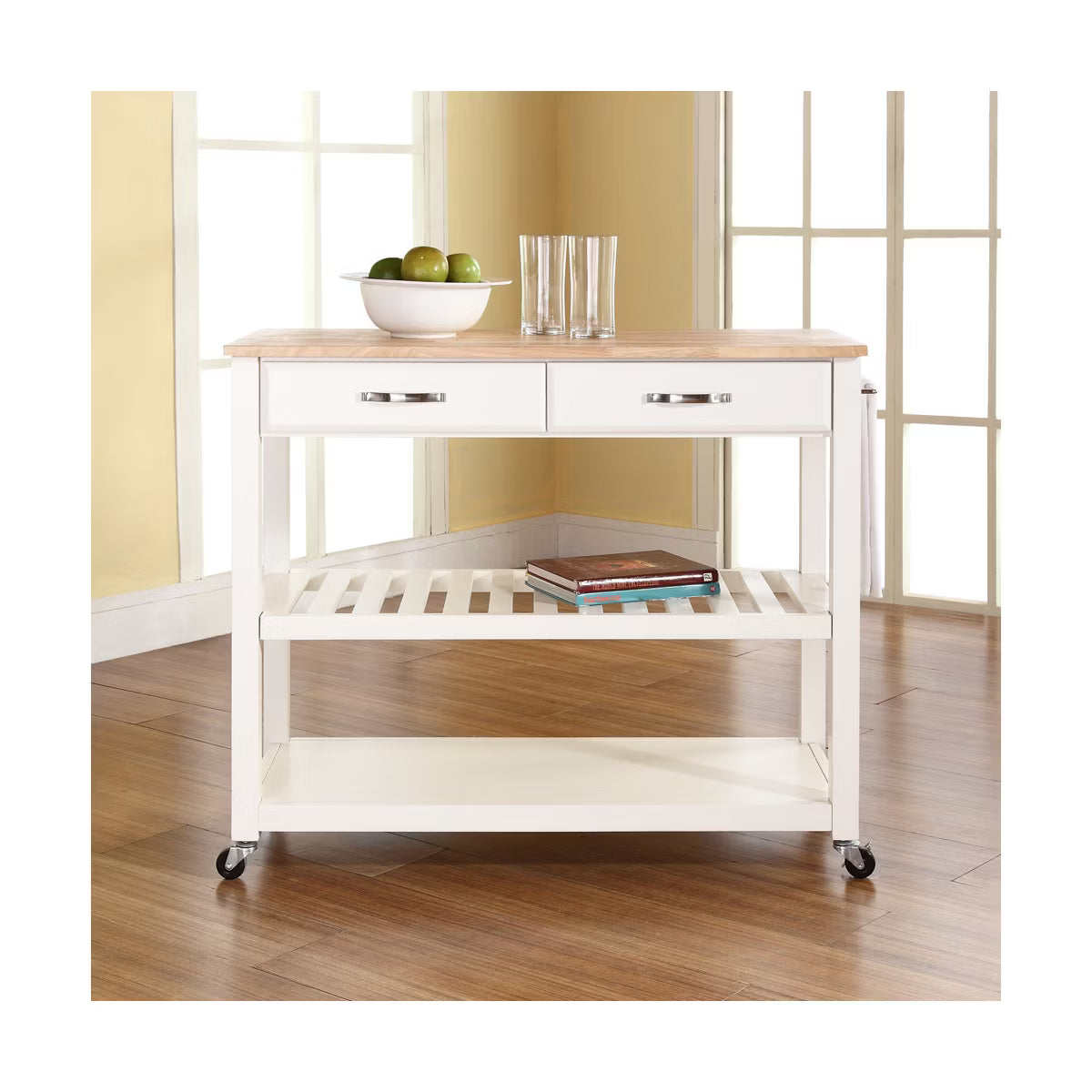 Kitchen Cart – Culinvaro Natural Wood Top Kitchen Cart/Island with Optional Stool Storage White