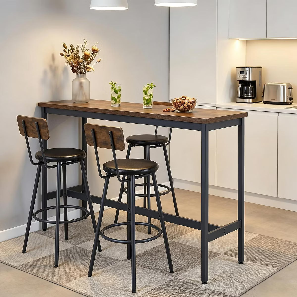 Bar Table – Culinvaro 4-Piece Industrial Bar Table Set with 3 PU Bar Stools
