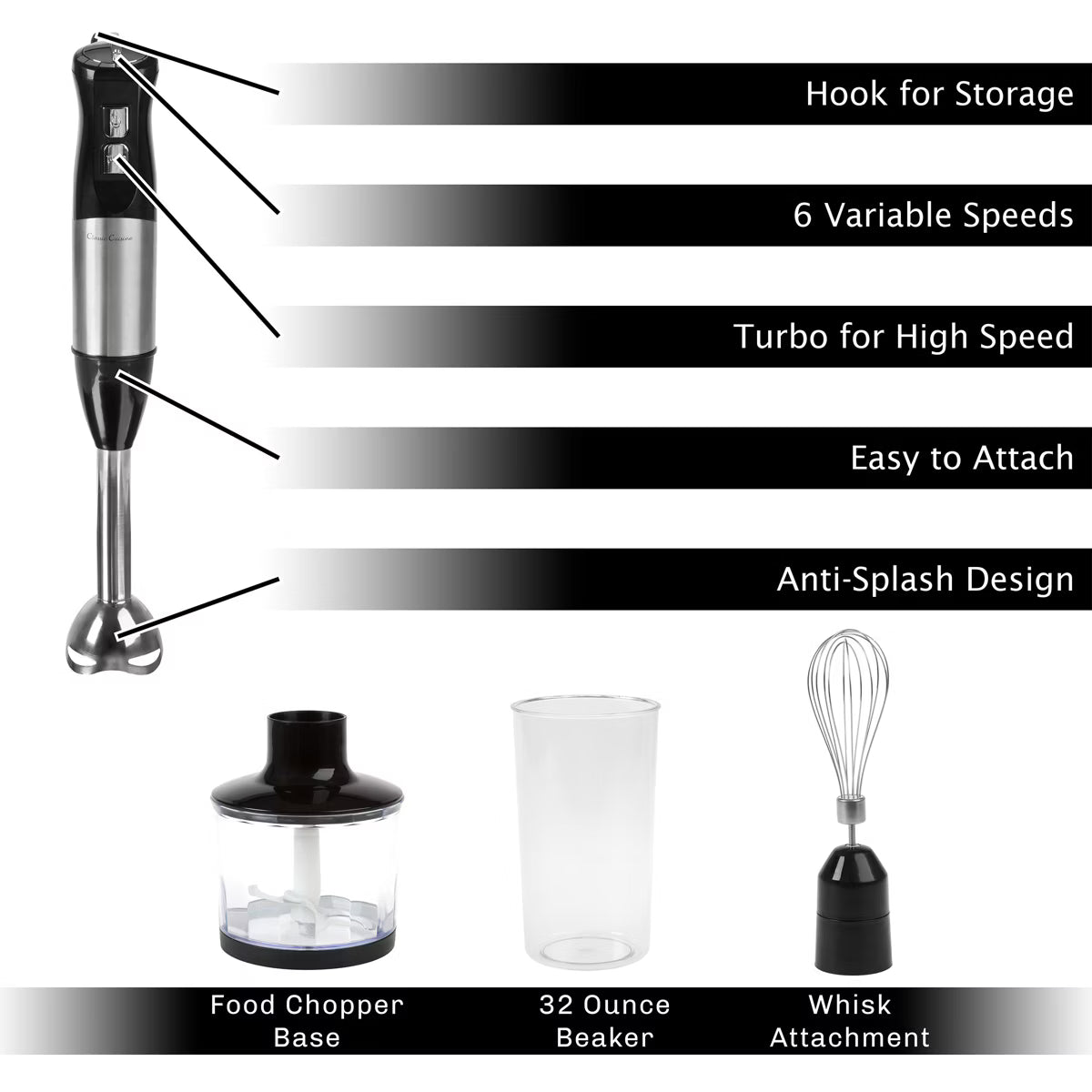 Immersion Blender – Blender - 4-in-1 Hand Mixer with Whisk – Black