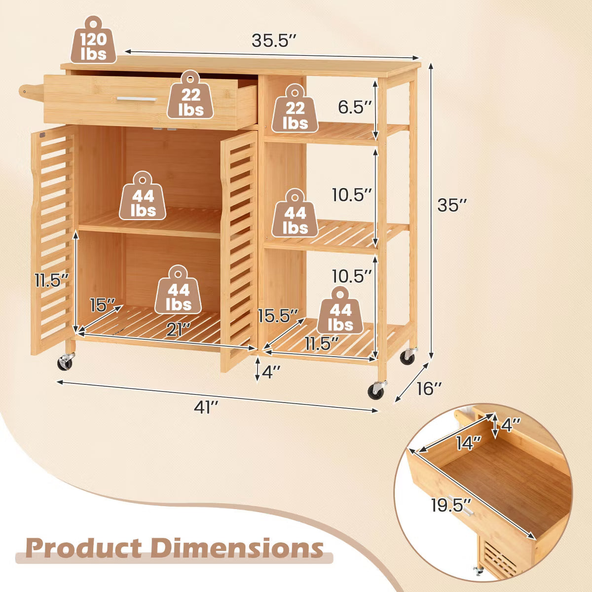 Kitchen Island – Culinvaro 35.5" Kitchen Island Cartwith Lockable Wheels Drawer Open Shelves Towel Bar