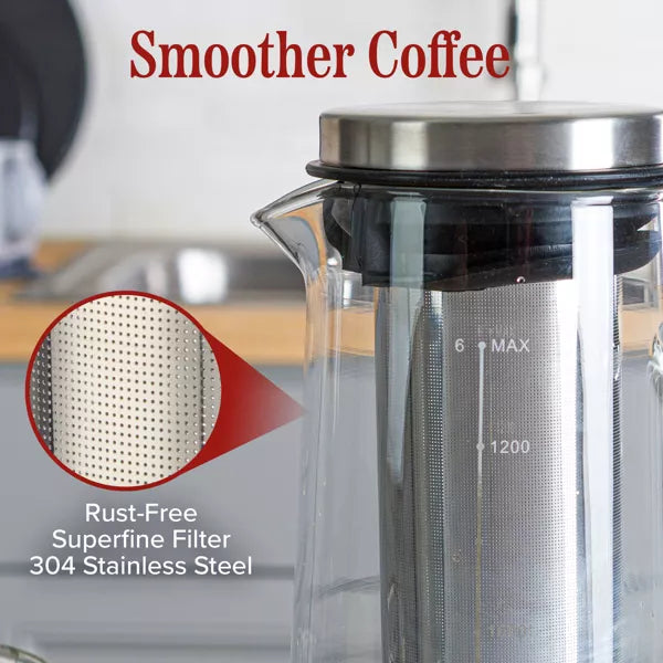 Coffee Server – 1.4L/48oz Glass Carafe with Lid and Spout and Removable – Silver