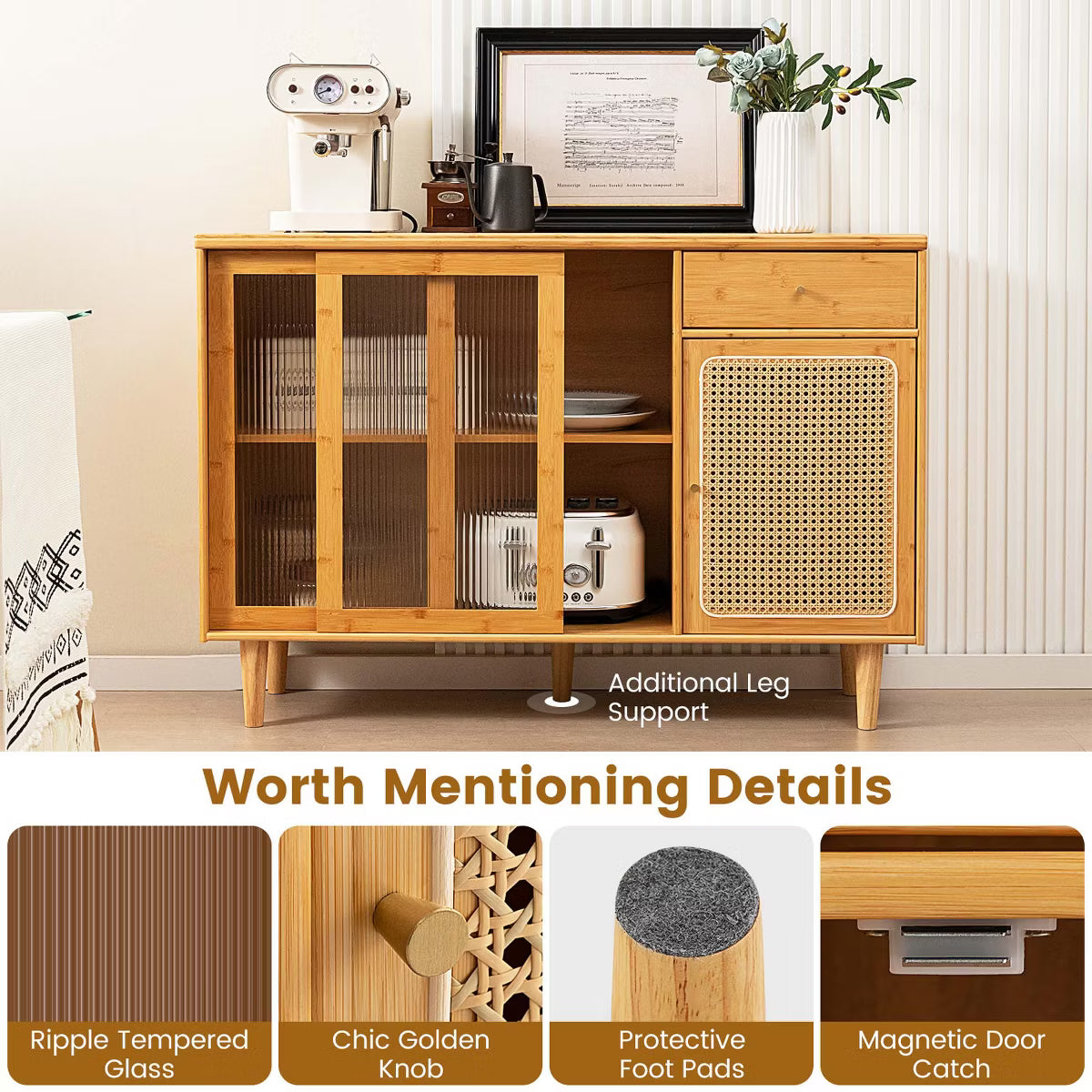 Buffet Cabinet – Culinvaro Buffet Sideboard Cabinet Rattan Console Table with Sliding Doors Storage Drawer
