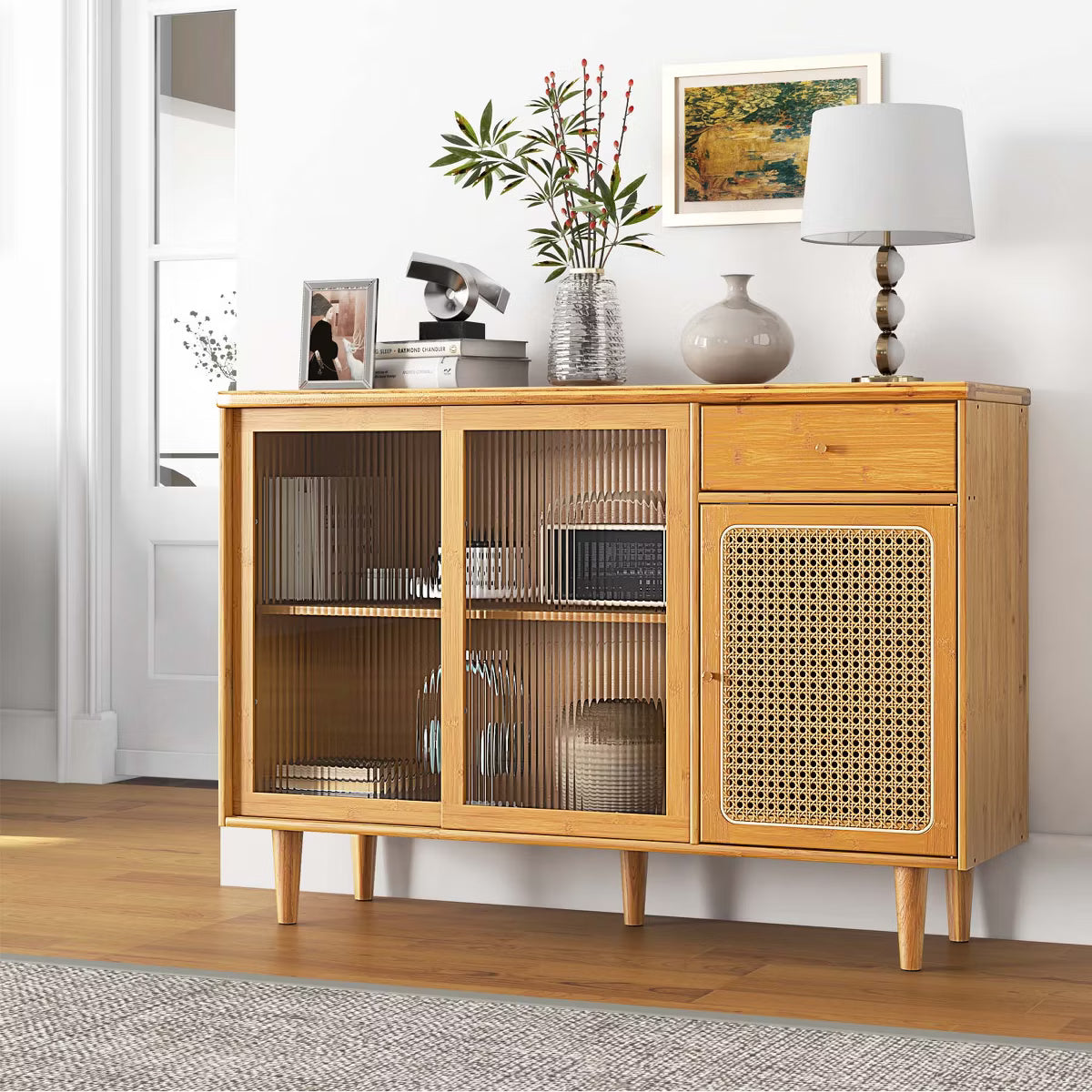 Buffet Cabinet – Culinvaro Buffet Sideboard Cabinet Rattan Console Table with Sliding Doors Storage Drawer